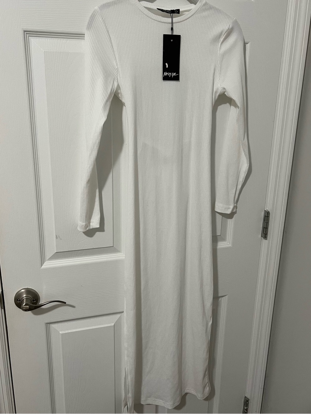 Nasty Gal White Ribbed Long Sleeve Maxi Knit Dress